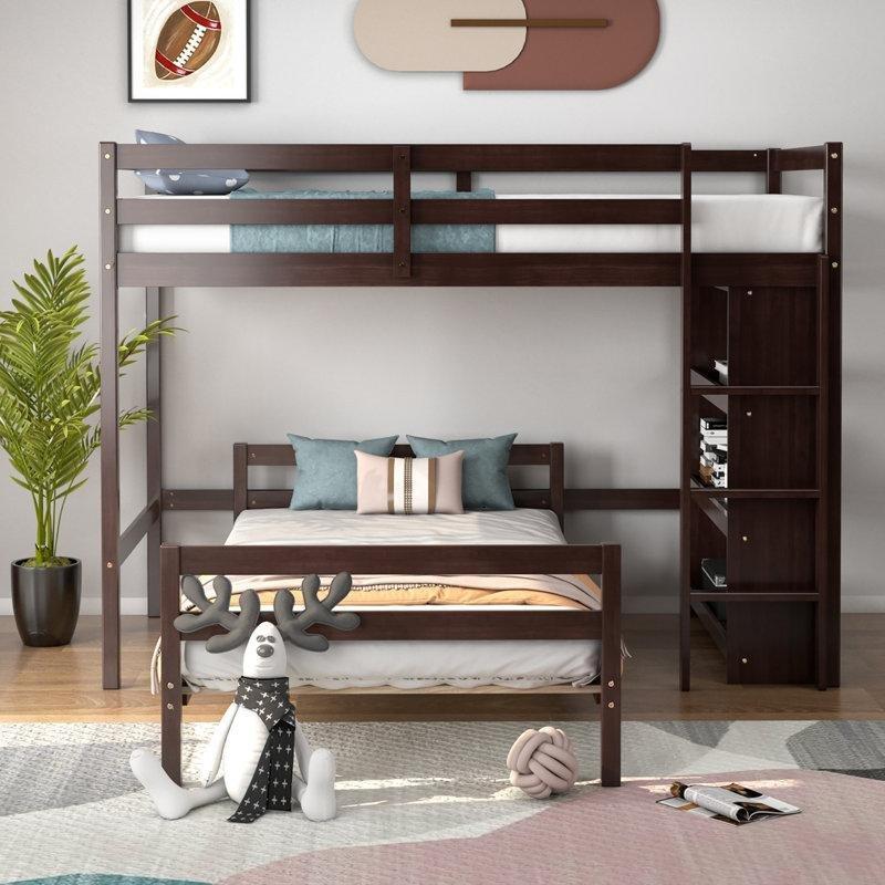 Espresso Masif Ahşap Kitaplıklı L Şekilli Ranza - 202x112 cm - 246614