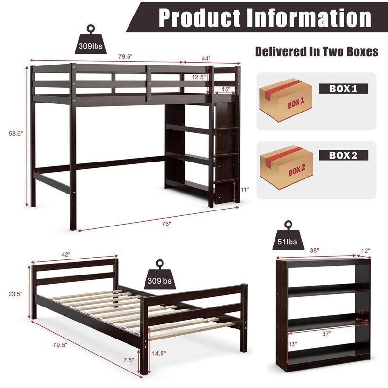 Espresso Masif Ahşap Kitaplıklı L Şekilli Ranza - 202x112 cm - 246614