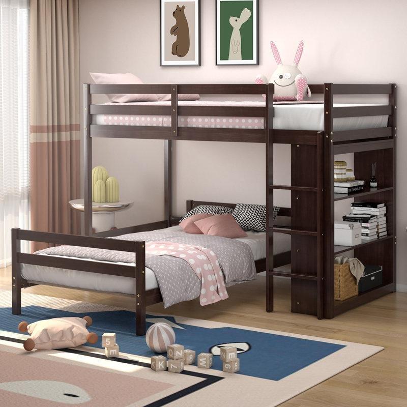 Espresso Masif Ahşap Kitaplıklı L Şekilli Ranza - 202x112 cm - 246614