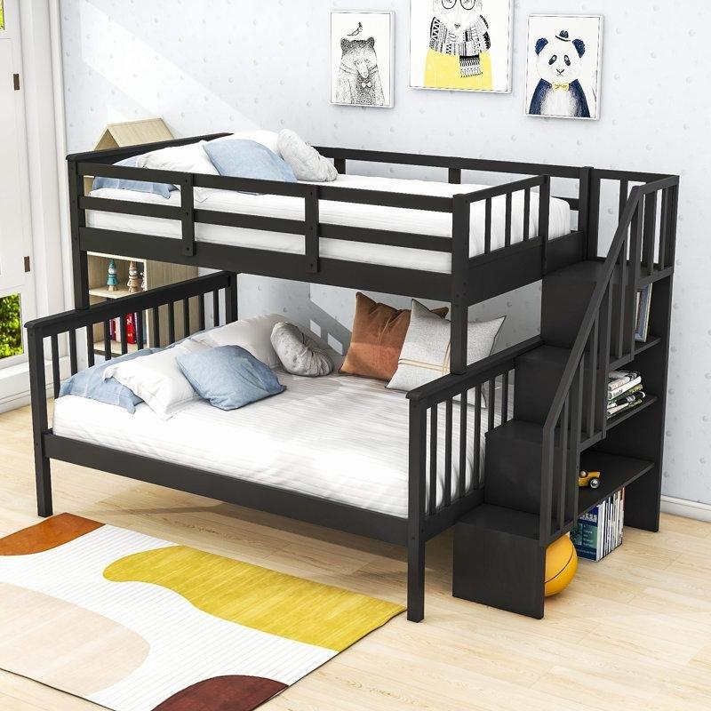 Espresso Masif Ahşap Merdivenli ve Raflı Ayrılabilen Ranza - 248222
