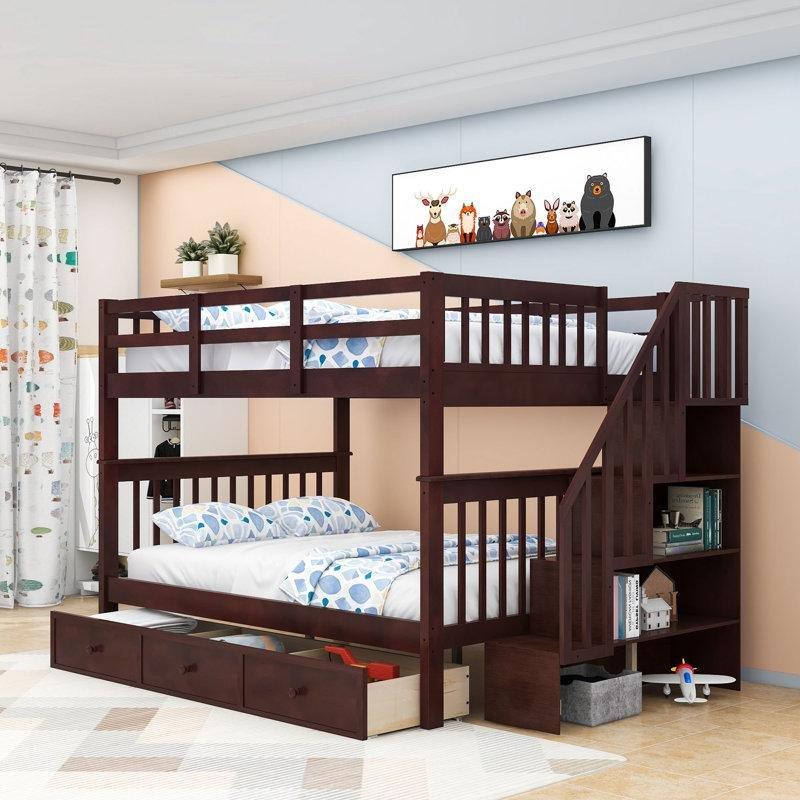 Espresso Masif Ahşap ve MDF Çekmeceli Raflı Merdivenli Ayrılabilen Ranza - 148x239 cm - 248818