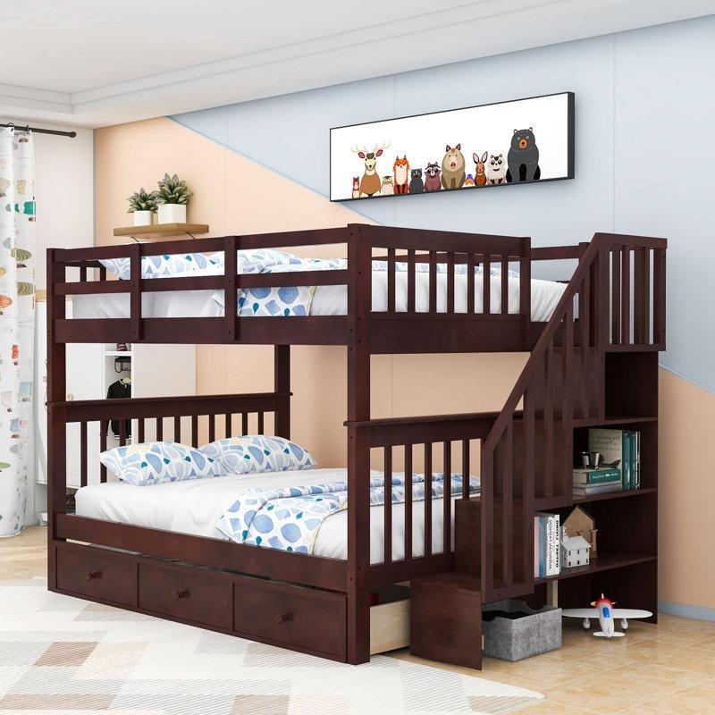 Espresso Masif Ahşap ve MDF Çekmeceli Raflı Merdivenli Ayrılabilen Ranza - 148x239 cm - 248818