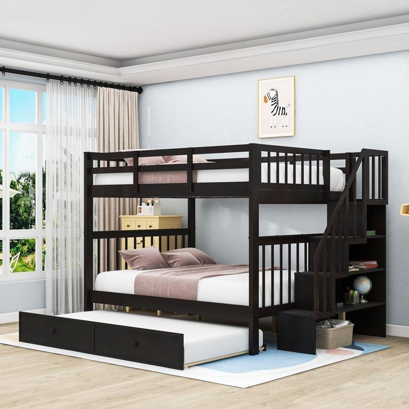 Espresso Masif Ahşap ve MDF Yavru Yataklı Çekmeceli Merdivenli Ayrılabilen Ranza - 148x239 cm - 248226