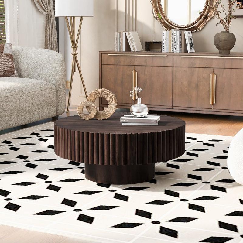 Espresso Masif Ahşap ve MDF Yivli Tambur Tasarım Yuvarlak Orta Sehpa - 81 cm - 245462
