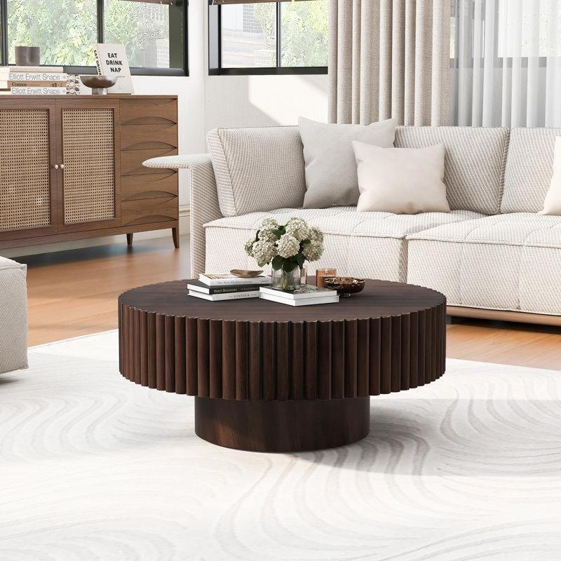 Espresso Masif Ahşap ve MDF Yivli Tambur Tasarım Yuvarlak Orta Sehpa - 81 cm - 245462