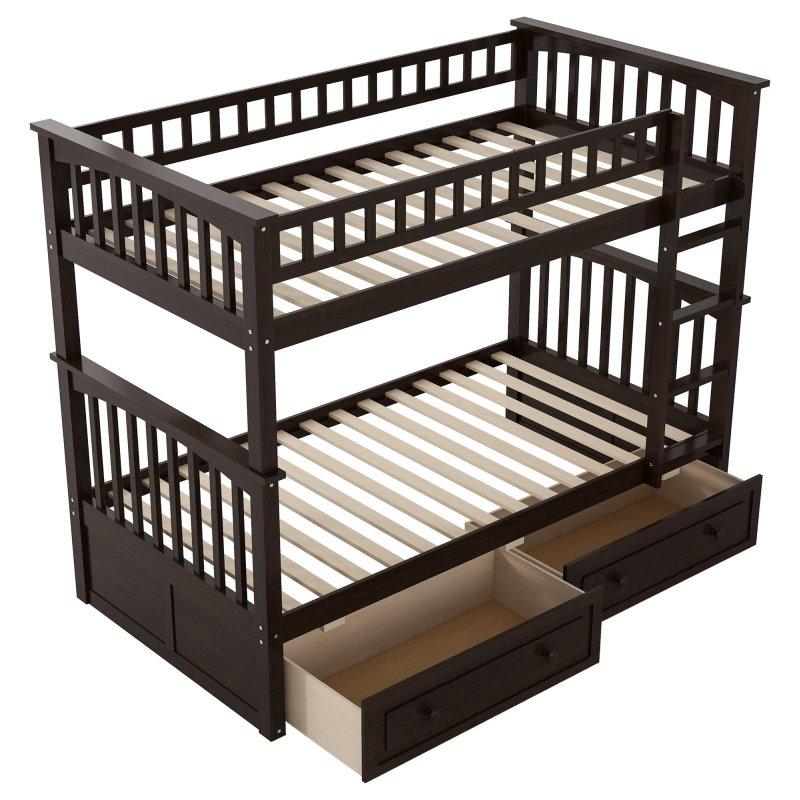 Espresso Masif Çam Ağacı ve MDF Ayrılabilen Çekmeceli Ranza - 250687