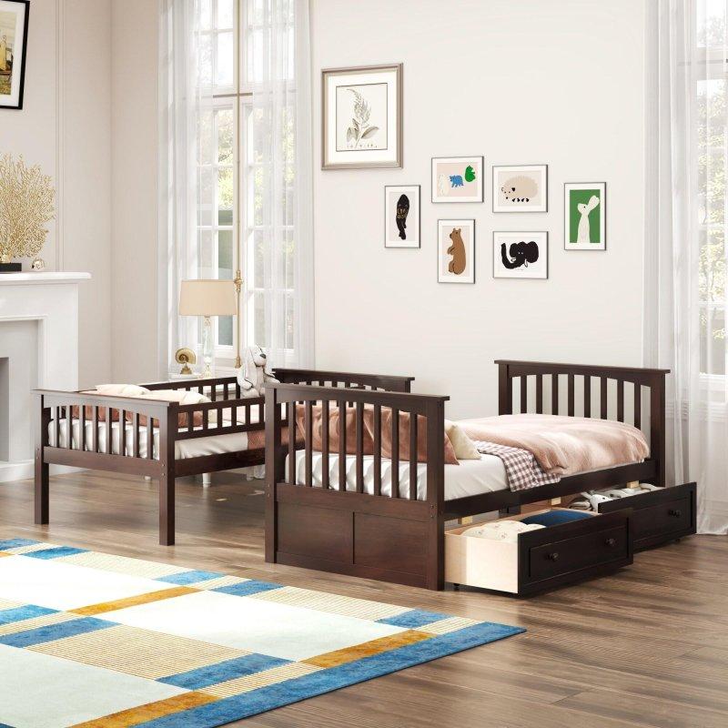 Espresso Masif Çam Ağacı ve MDF Ayrılabilen Çekmeceli Ranza - 250687