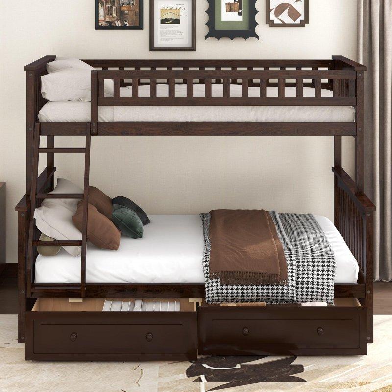 Espresso Masif Çam ve MDF 2 Çekmeceli Ayrılabilen Tek Üzeri Çift Kişilik Ranza - 250683