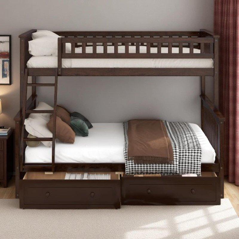 Espresso Masif Çam ve MDF 2 Çekmeceli Ayrılabilen Tek Üzeri Çift Kişilik Ranza - 250683