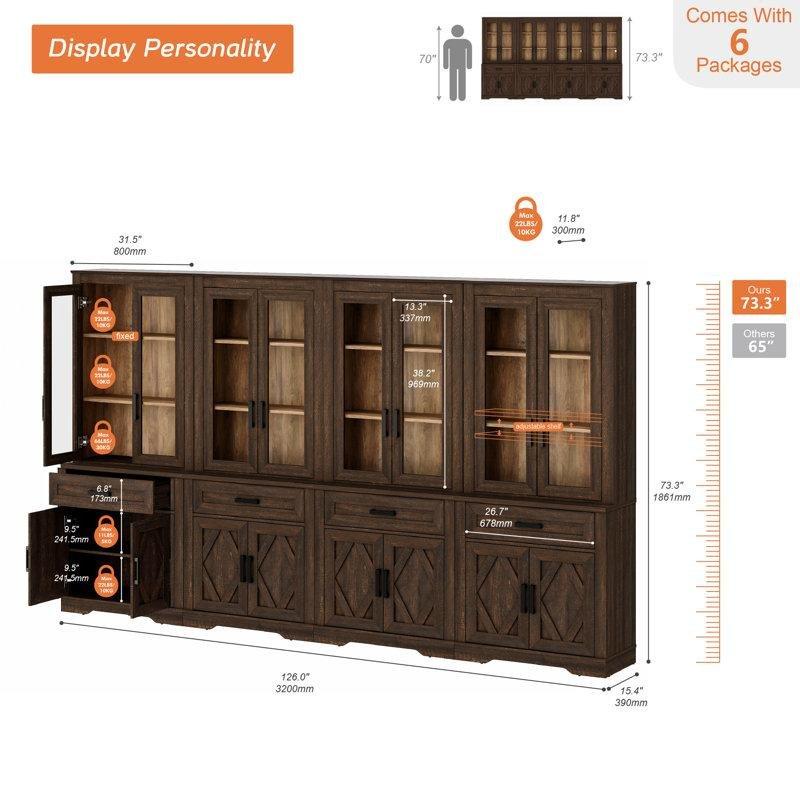 Espresso Meşe Ahır Kapılı Çekmeceli Ayarlanabilir Raflı Cam Kapaklı Kitaplık - 321x187 cm - 238233