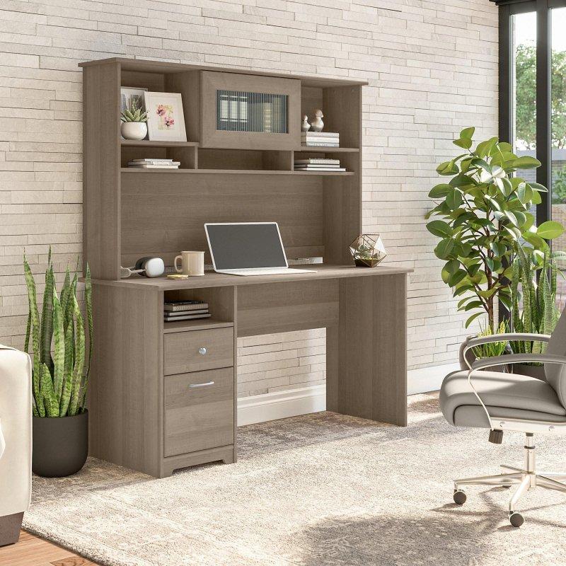 Espresso Meşe MDF Çekmeceli ve Raflı Üst Üniteli Ofis Masası - 153 cm - 327352