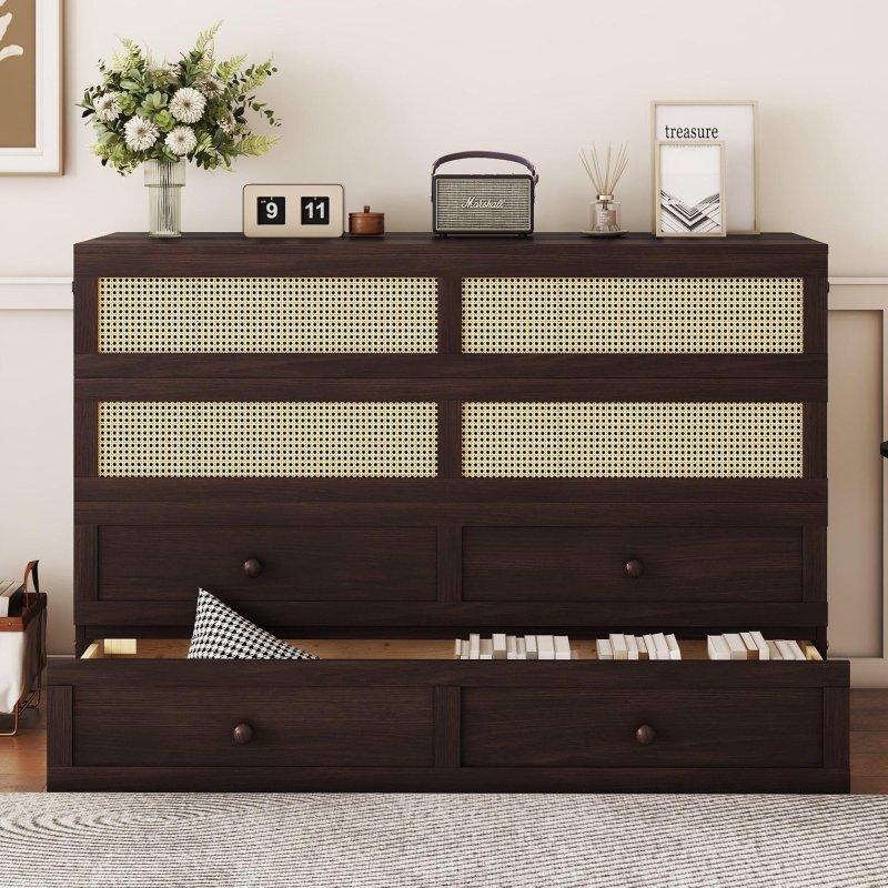 Espresso Rattan Dekorlu Çekmeceli Çam Ağacı Dolaplı Duvar Yatağı - 264246
