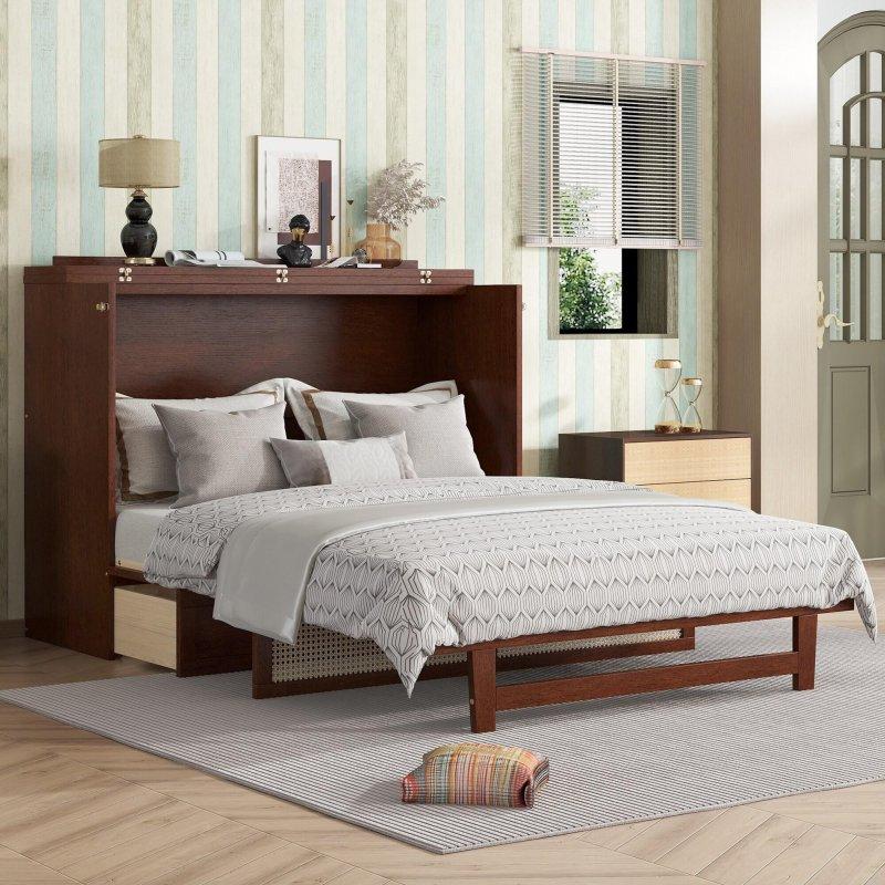 Espresso Rattan Dekorlu Çekmeceli Çam Ağacı Dolaplı Duvar Yatağı - 264246