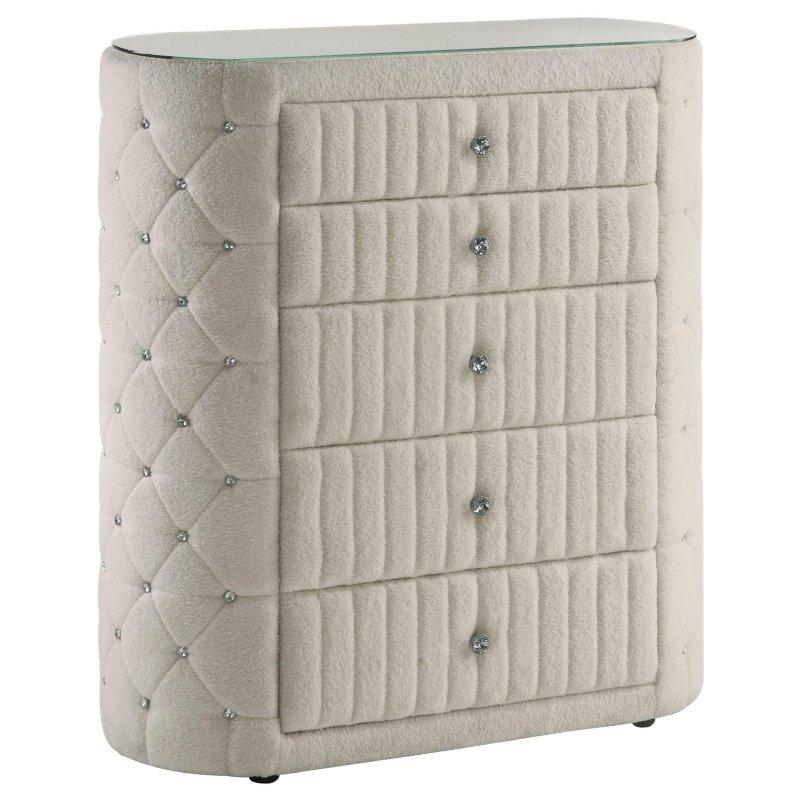 Fildişi Bukle Kumaş Döşemeli Cam Tablalı 5 Çekmeceli Kristal Kulplu Şifonyer - 108x47x119 cm - 304894