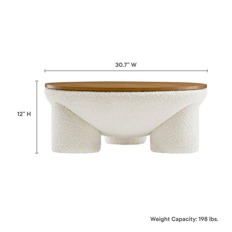Fildişi Buklet Kumaş Döşemeli Ahşap Depolama Alanlı Yuvarlak Orta Sehpa - 78x31 cm - 241368