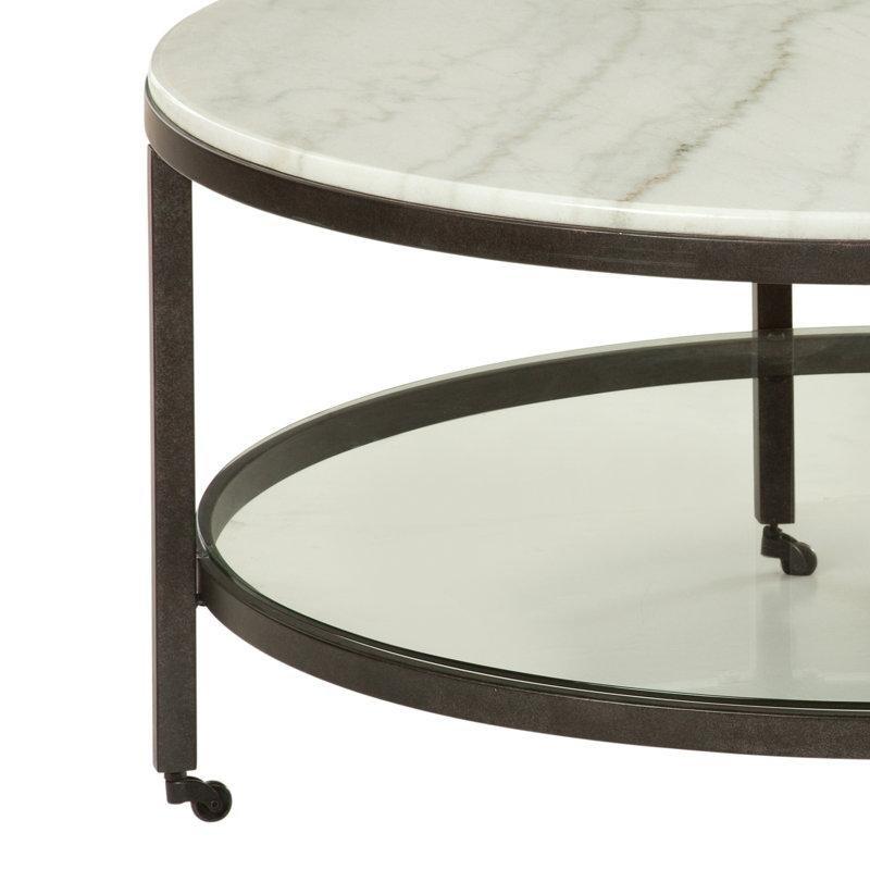 Fildişi Mermer Tablalı Bronz Çelik Ayaklı Cam Raflı Tekerlekli Yuvarlak Orta Sehpa - 97 cm - 245699
