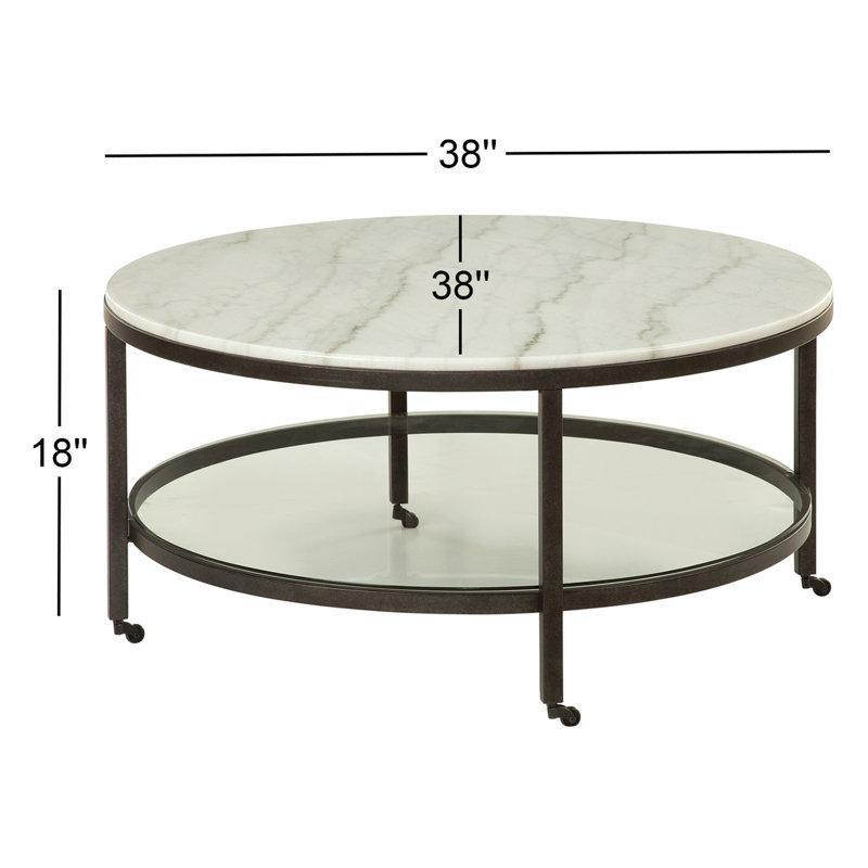 Fildişi Mermer Tablalı Bronz Çelik Ayaklı Cam Raflı Tekerlekli Yuvarlak Orta Sehpa - 97 cm - 245699