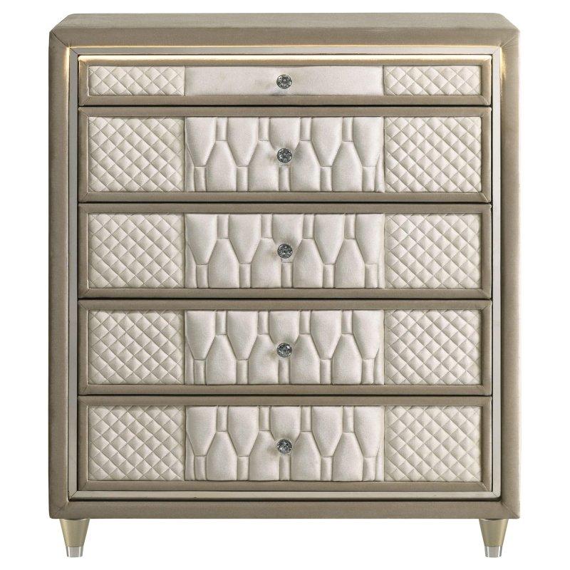 Fildişi ve Camel Kadife Kumaş Kaplama LED Aydınlatmalı 5 Çekmeceli Şifonyer - 103x124x41 cm - 306365