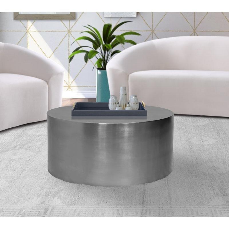 Fırçalanmış Krom Metal Tambur Tasarım Yuvarlak Orta Sehpa - 82 cm - 245149