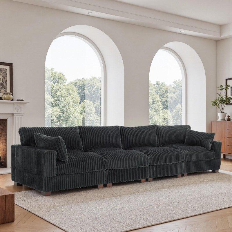 Fitilli Kadife Kumaş Ahşap Ayaklı Modüler Puflu Köşe Koltuk - 255693