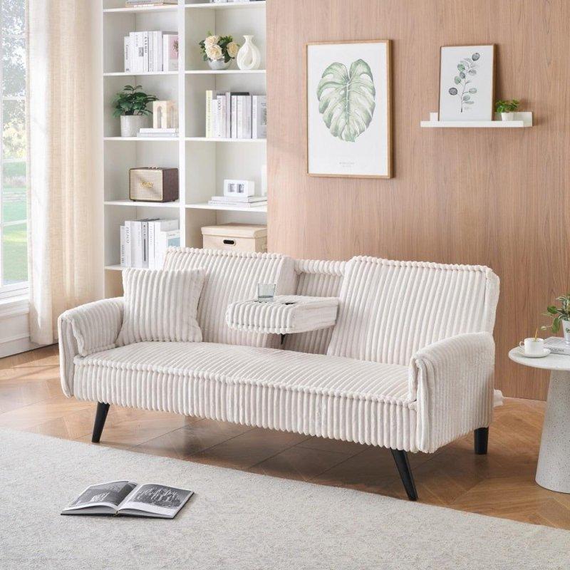 Fitilli Kadife Kumaş Bardaklıklı ve Yataklı 3 Kişilik Bohem Koltuk - 289612