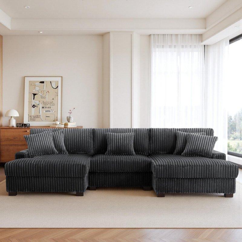 Fitilli Kadife Kumaş Masif Ahşap İskeletli Modüler U Köşe Koltuk - 301x159 cm - 255012
