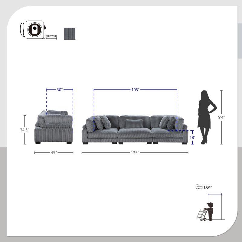 Fitilli Kadife Kumaş Modüler Yastıklı Bohem Koltuk - 343x115 cm - 283105