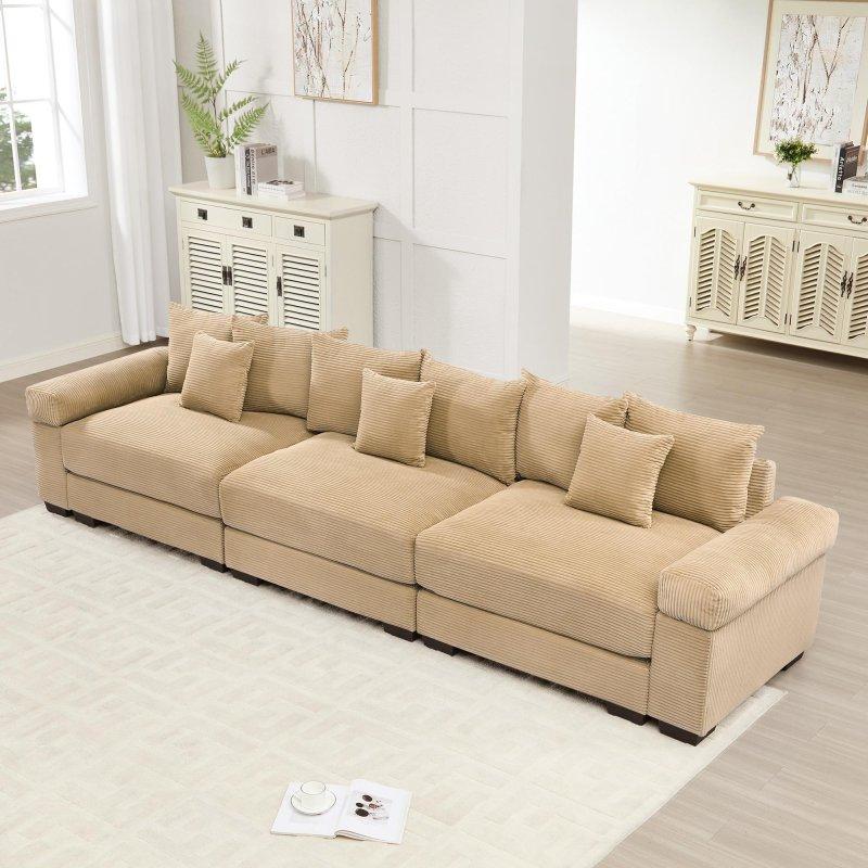 Fitilli Kadife Masif Ahşap İskeletli Ekstra Kalın Kolçaklı 3 Kişilik Bohem Koltuk - 331 cm - 289249
