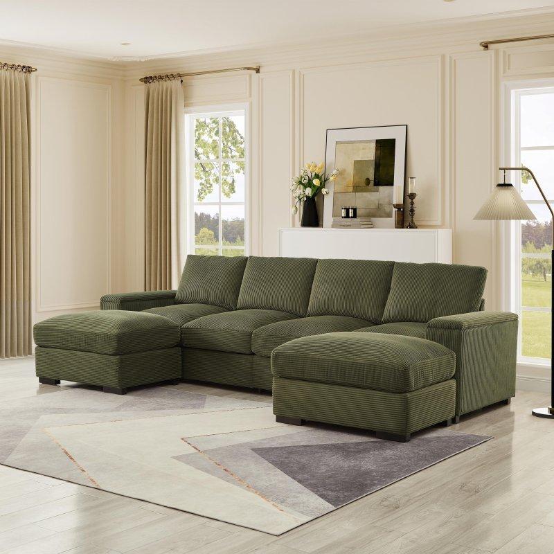 Fitilli Kadife Masif Ahşap Kolları Depolamalı 2 Puflu U Köşe Koltuk - 310x150 cm - 260278