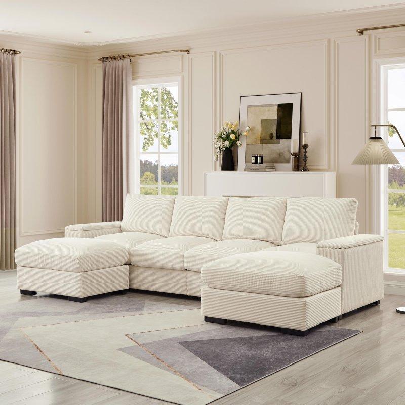 Fitilli Kadife Masif Ahşap Kolları Depolamalı 2 Puflu U Köşe Koltuk - 310x150 cm - 260278