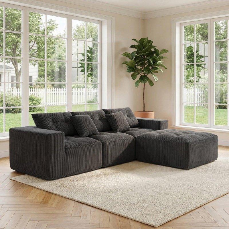 Fitilli Kadife Puflu Modüler Köşe Koltuk - 257 cm - 257535