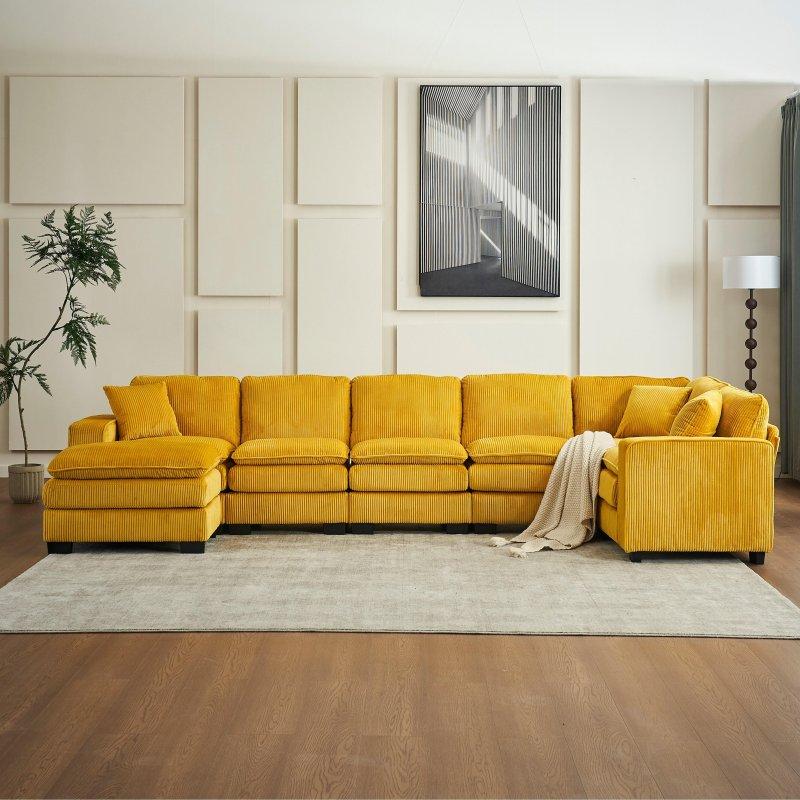 Fitilli Kadife Puflu Modüler U Şekilli 6 Kişilik Köşe Koltuk - 255869