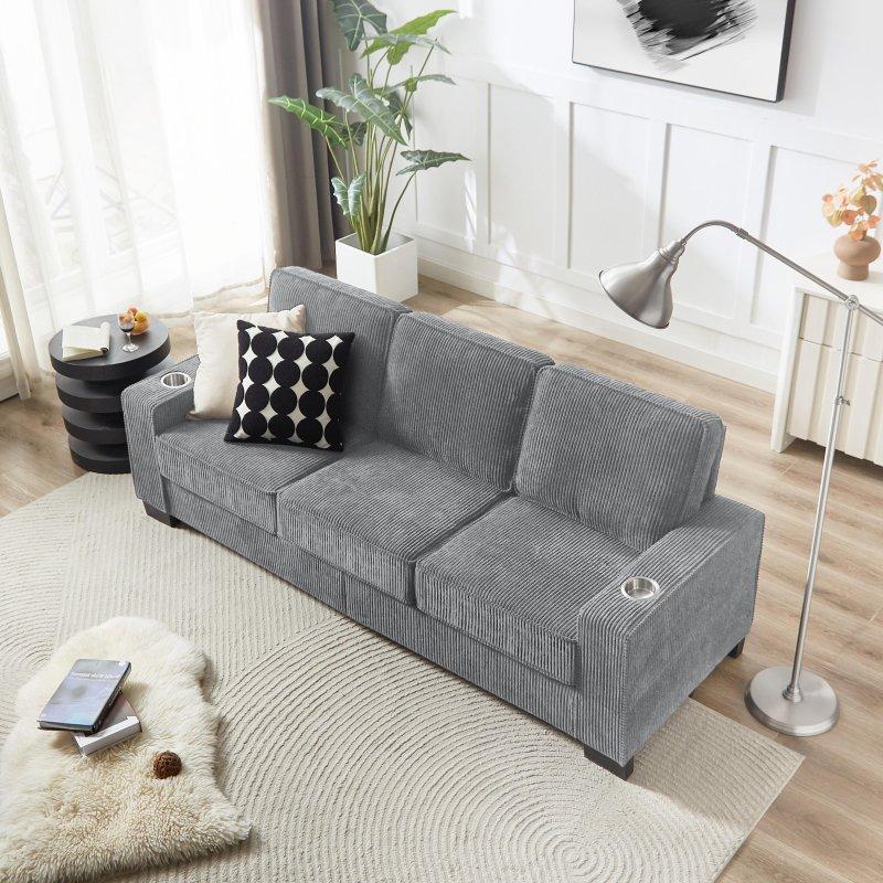 Fitilli Kumaş Masif Ahşap Bardaklıklı 3 Kişilik Bohem Koltuk - 214 cm - 288955