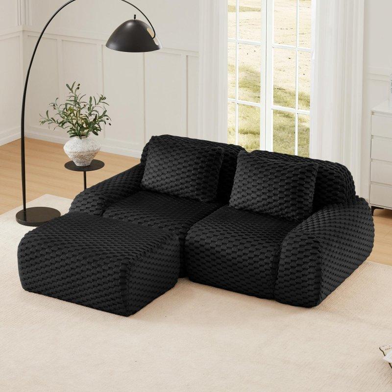 Flanel Kumaş Modüler L-Şekilli Puflu Bohem Koltuk - 209 cm - 288376