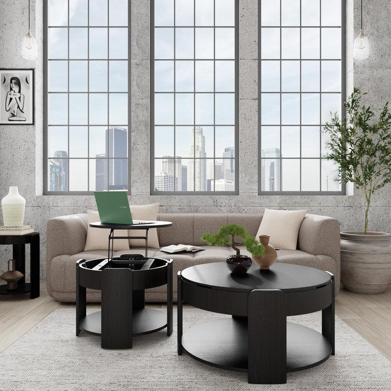 Gece Meşesi Rengi Masif ve MDF Ahşap Asansörlü Saklama Alanlı Tekerlekli Yuvarlak Orta Sehpa - 89x89 cm - 244362
