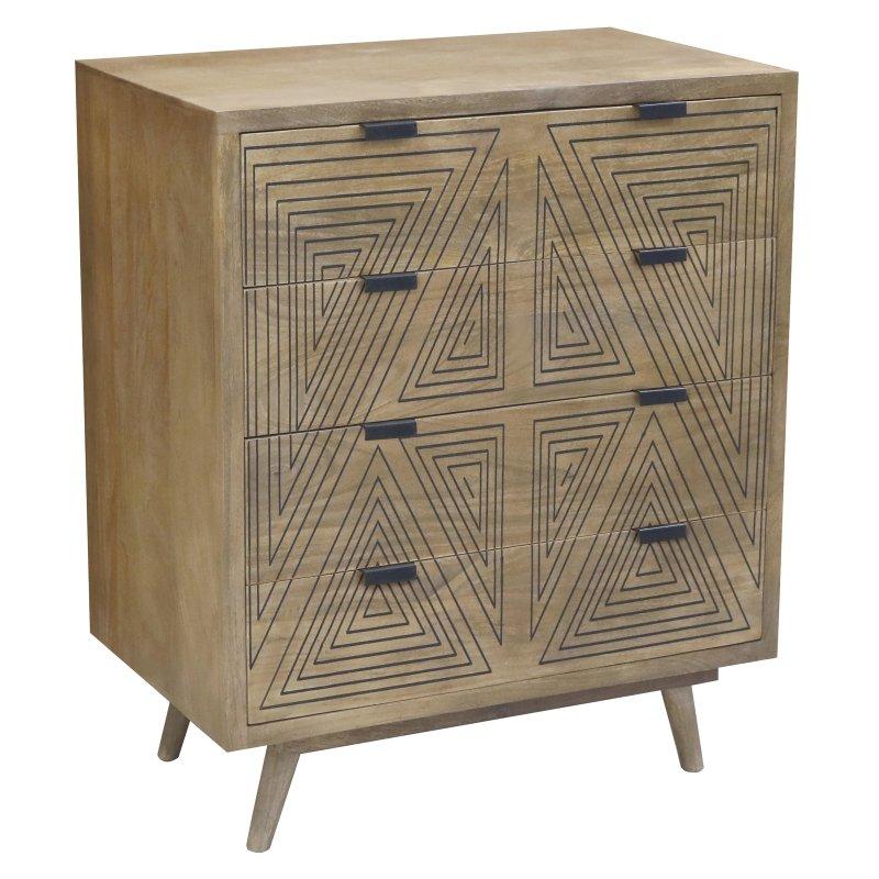 Geometrik Desenli Masif Mango Ahşap 4 Çekmeceli Şifonyer - 92x77x46 cm - 302442