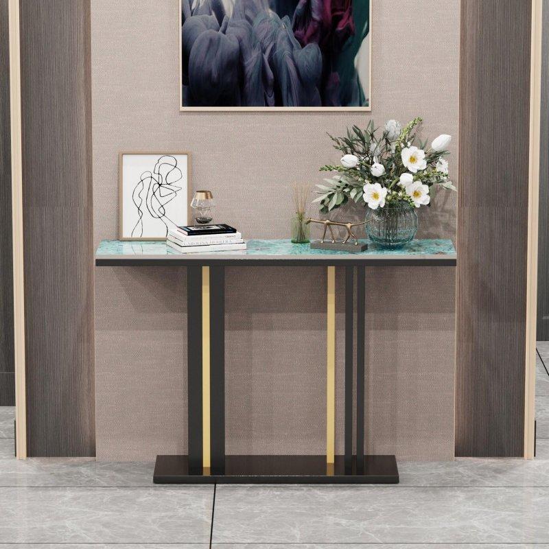 Geometrik Gold Metal Ayaklı Beyaz ve Mavi Sinterlenmiş Taş Dresuar - 118x30x78 cm - 332589