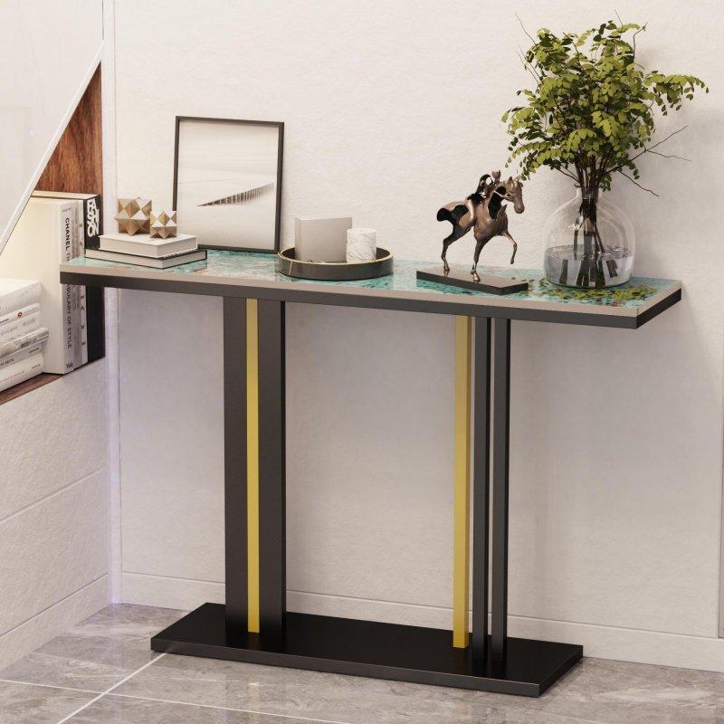Geometrik Gold Metal Ayaklı Beyaz ve Mavi Sinterlenmiş Taş Dresuar - 118x30x78 cm - 332589