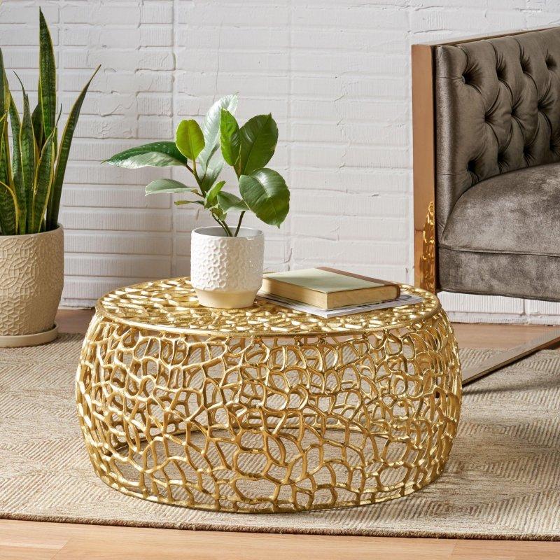 Gold Alüminyum El Yapımı File Tasarım Yuvarlak Orta Sehpa - 70x32 cm - 243135