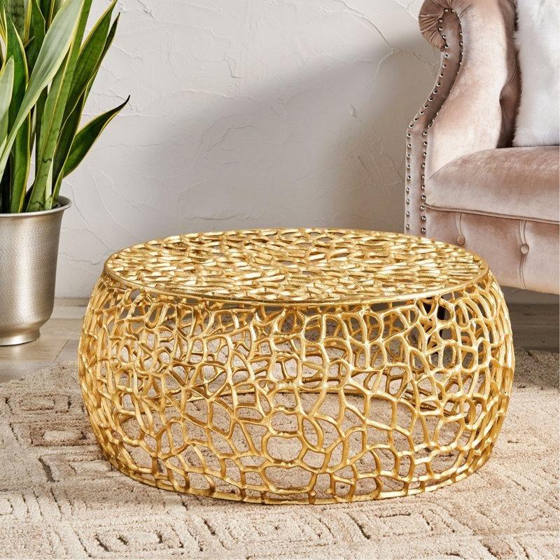 Gold Alüminyum File Desenli Tambur Yuvarlak Orta Sehpa - 70x32 cm - 245768