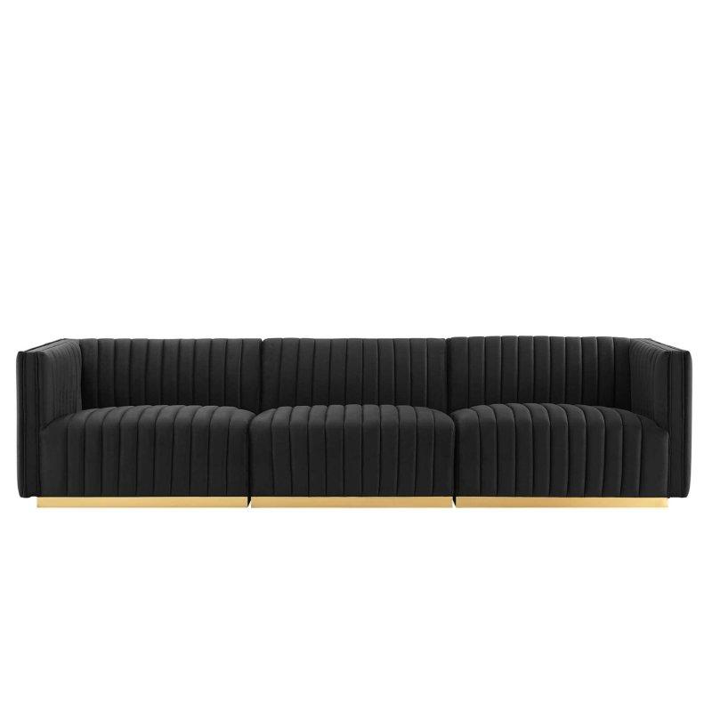 Gold Ayaklı Performans Kadife Dikey Kanal Kapitoneli Masif İskeletli Bohem Koltuk - 303x93x72 cm - 284725