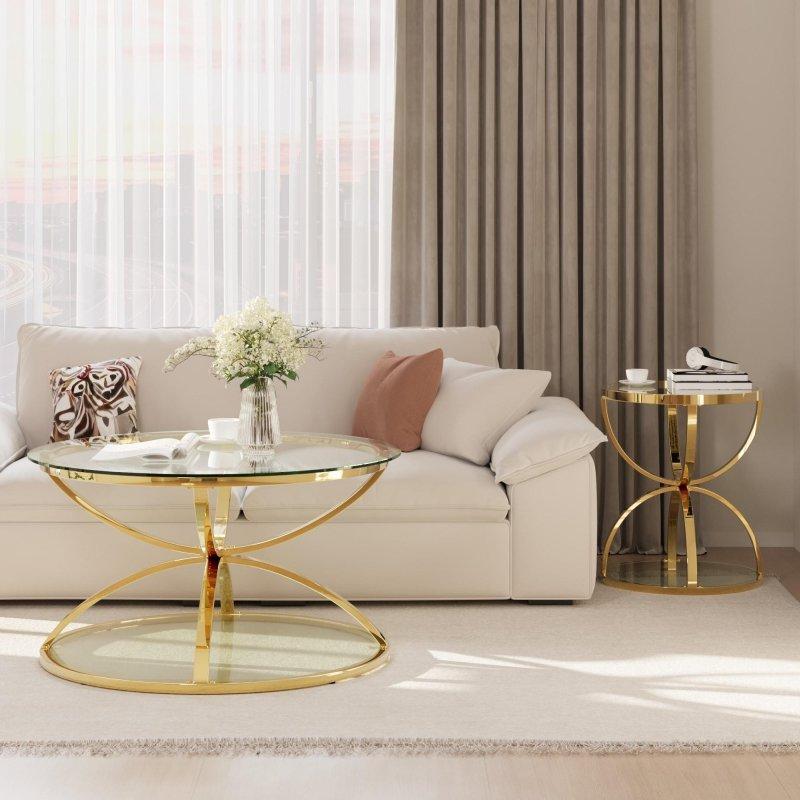 Gold Demir Raflı İkili Cam Yuvarlak Orta Sehpa - 239670