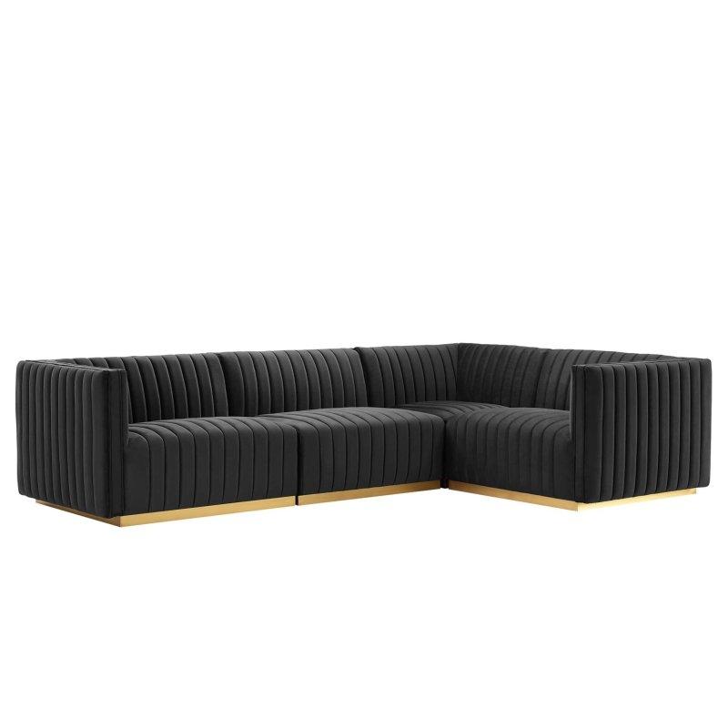 Gold Detaylı Kadife Dikey Kanallı Modüler Köşe Koltuk - 279x186 cm - 255367