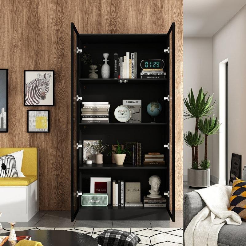 Gold Detaylı Masif ve Endüstriyel Ahşap LED Işıklı Cam Kapaklı Kitaplık - 81x161 cm - 238495
