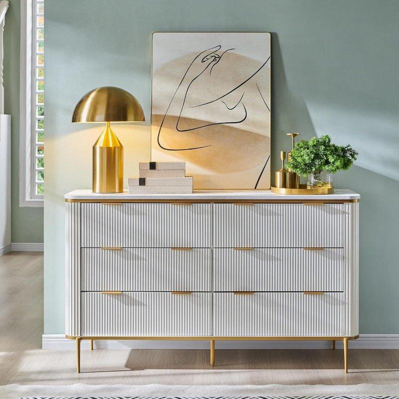 Gold Detaylı Mermer Desenli MDF Yivli 6 Çekmeceli Şifonyer - 138 cm - 305275