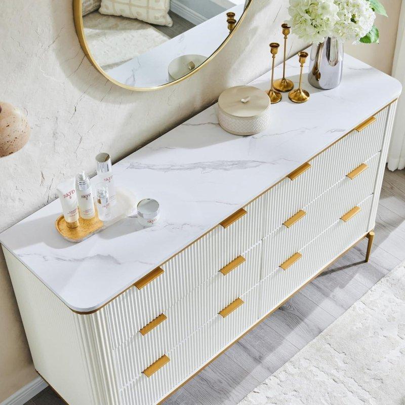 Gold Detaylı Mermer Desenli MDF Yivli 6 Çekmeceli Şifonyer - 138 cm - 305275