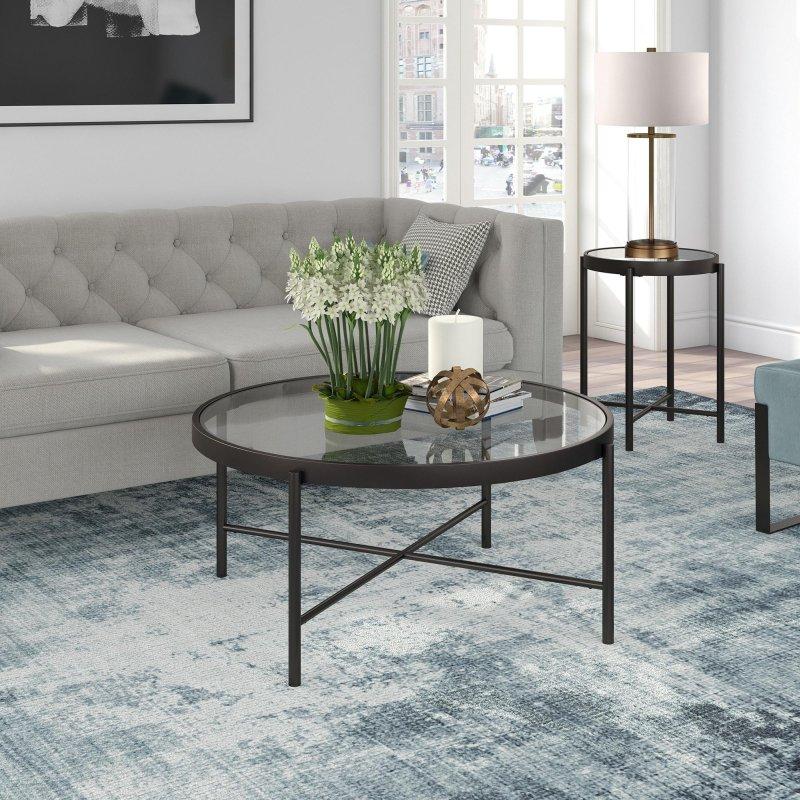 Gold El İşi Pirinç Detaylı Çelik Ayaklı Cam Yuvarlak Orta Sehpa - 92x41 cm - 242832