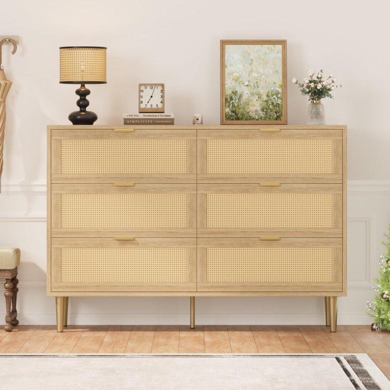 Gold Kulplu Rattan Detaylı Metal Ayaklı 6 Çekmeceli Ahşap Şifonyer - 308620
