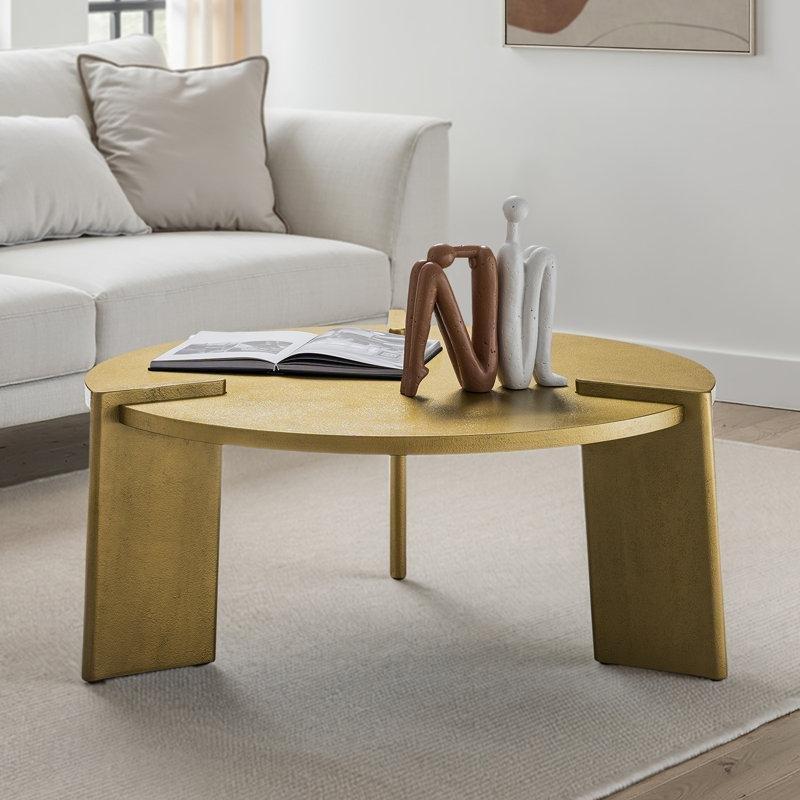 Gold Masif Ahşap ve MDF Üç Ayaklı Heykelsi Tasarım Yuvarlak Orta Sehpa - 91 cm - 245297