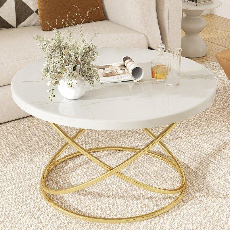 Gold Metal Ayaklı Çapraz Halkalı Cam Yuvarlak Orta Sehpa - 81 cm - 242999